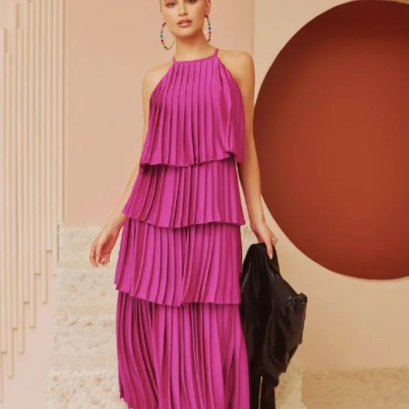 NWT | Strut & Bolt | Pleated Satin Tiered Maxi Dress - Picture 3 of 5